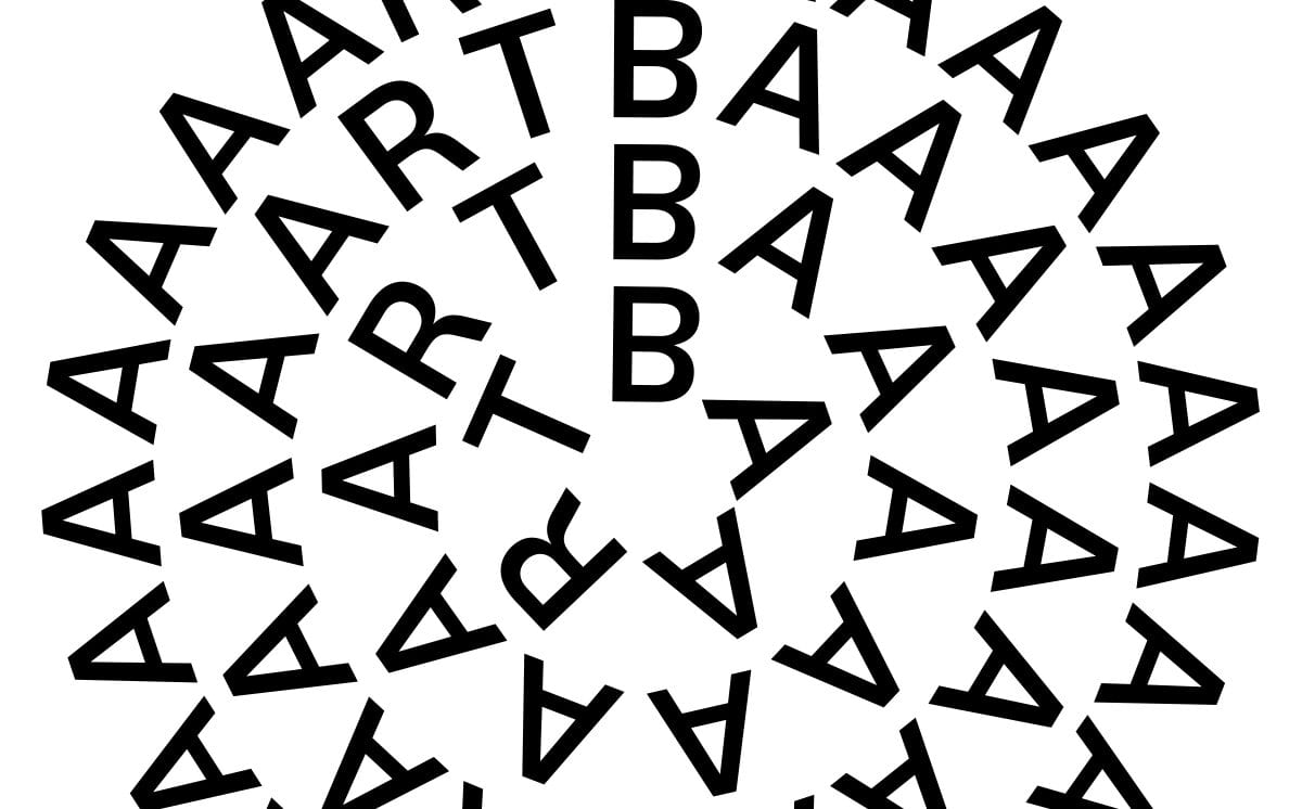 Composition graphique en noir et blanc formant un motif circulaire avec les lettres B,A,R et T disposées de manière répétée. Pour forme le mot BAART.